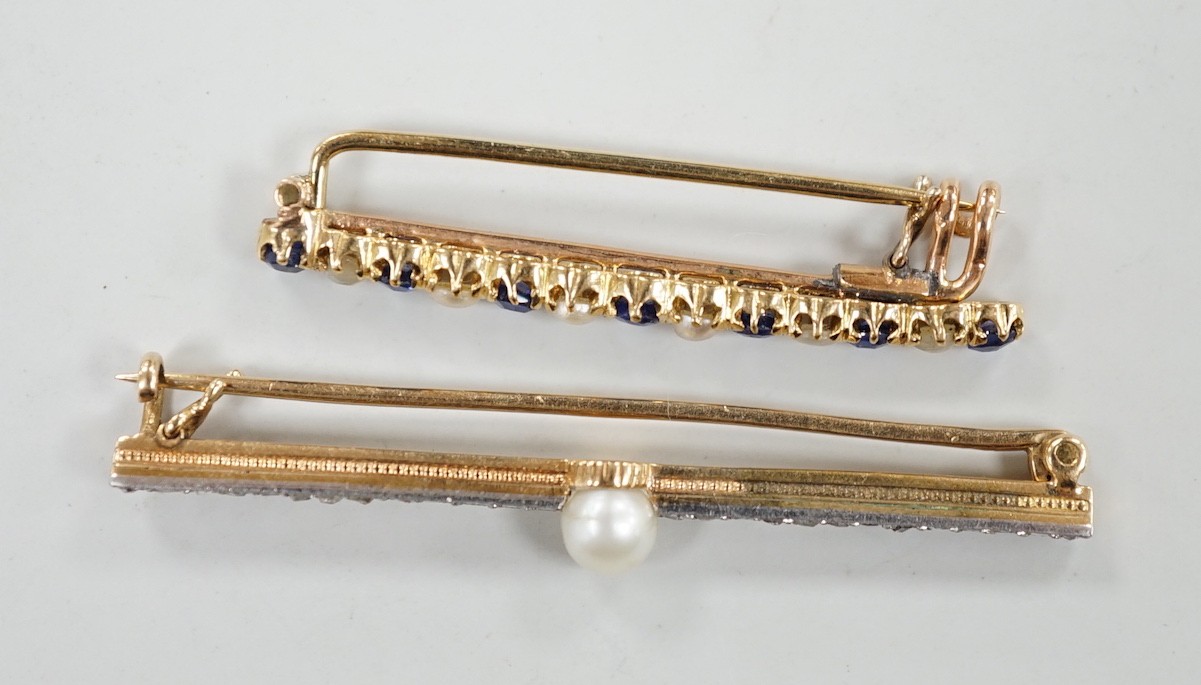A 1920's yellow metal, cultured pearl and rose cut diamond set bar brooch, 47mm and a later yellow metal, split pearl and sapphire set bar brooch, gross weight 6.2 grams.